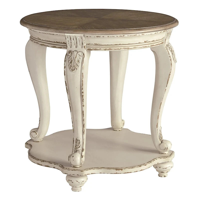 Round Wooden End Table with Open Bottom Shelf, Brown and Antique White