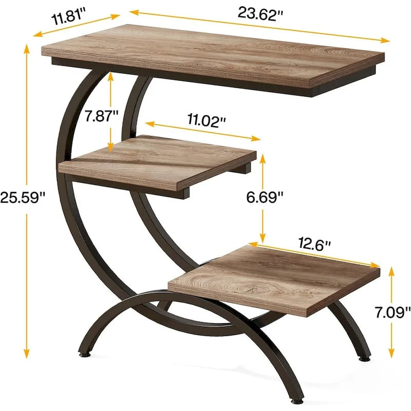 C-Shaped Side Table, 3-Tier Wood End Table with Storage Shelves, Brown