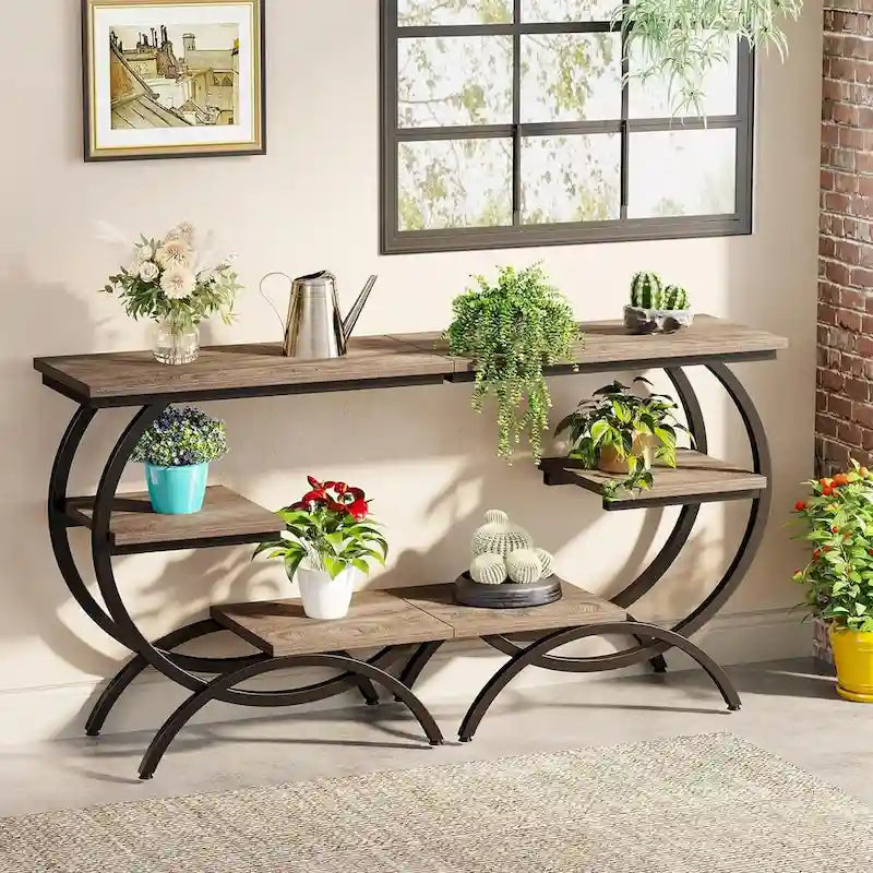 C-Shaped Side Table, 3-Tier Wood End Table with Storage Shelves, Brown