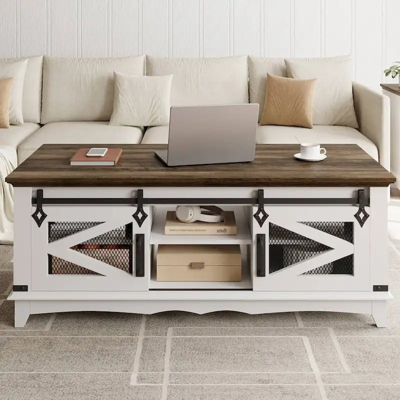Farmhouse Coffee Table with Sliding Barn Door Storage