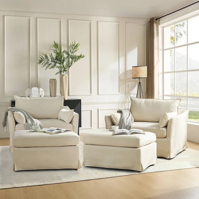 Sophie Modern Oversized Slipcovered Armchair with Ottoman and Lockable Rear Wheels Set of 2 by HULALA HOME