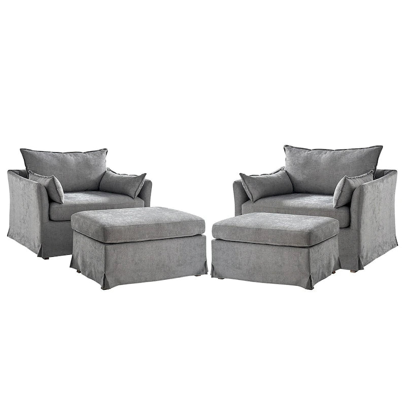 Sophie Modern Oversized Slipcovered Armchair with Ottoman and Lockable Rear Wheels Set of 2 by HULALA HOME
