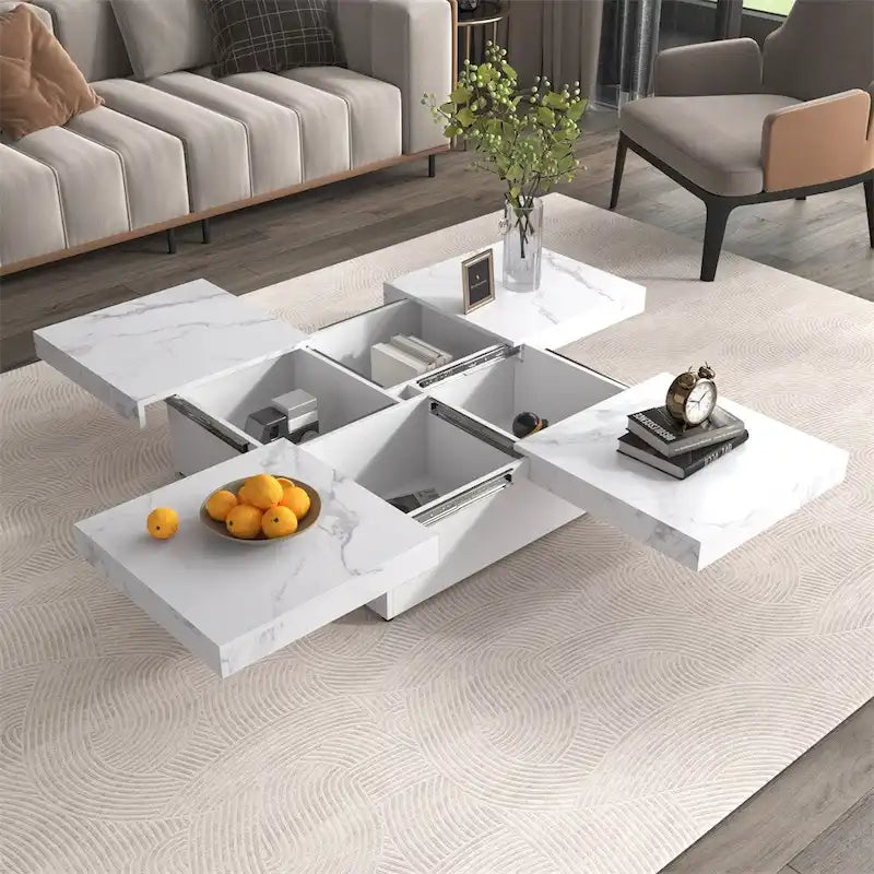 Square Marble Veneer Coffee Table Sliding Top with Storage
