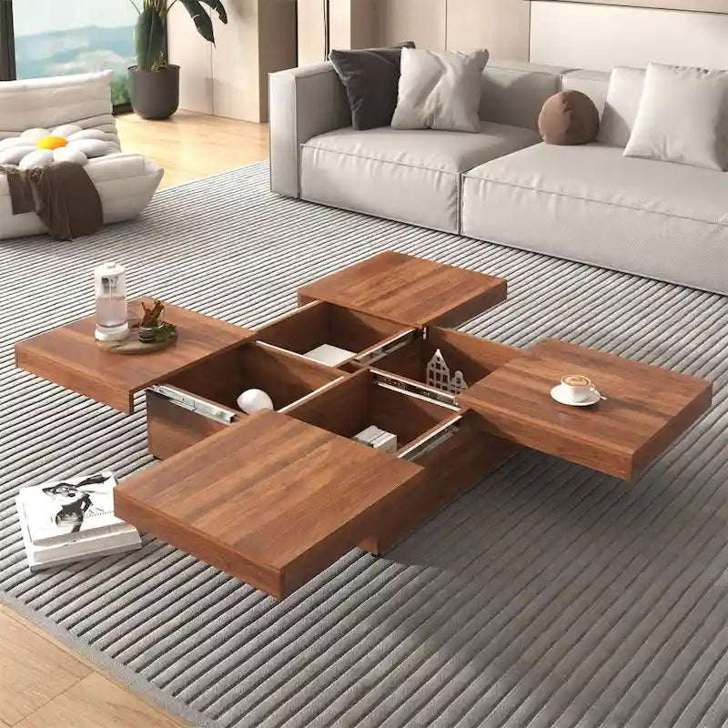 Square Marble Veneer Coffee Table Sliding Top with Storage