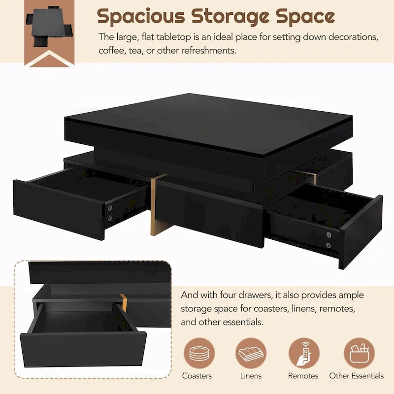 Stylish High Gloss Coffee Table with 4 Drawers