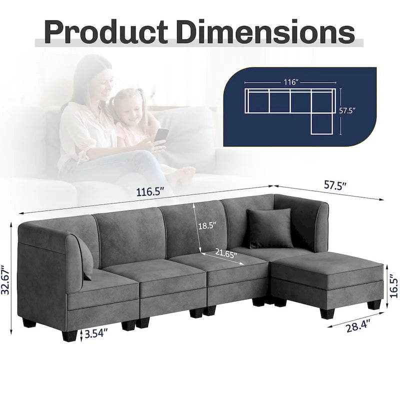 Futzca Sectional Couch Modular Sofa, 116 Velvet L-Shaped Couch Sofa