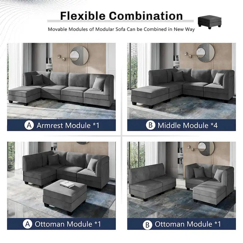 Futzca Sectional Couch Modular Sofa, 116 Velvet L-Shaped Couch Sofa