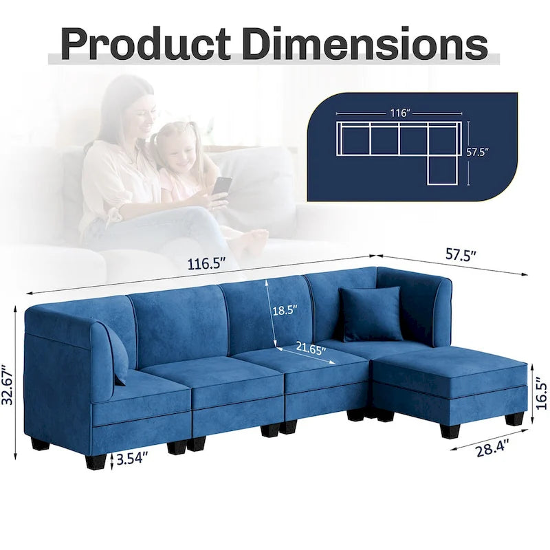 Futzca Sectional Couch Modular Sofa, 116 Velvet L-Shaped Couch Sofa