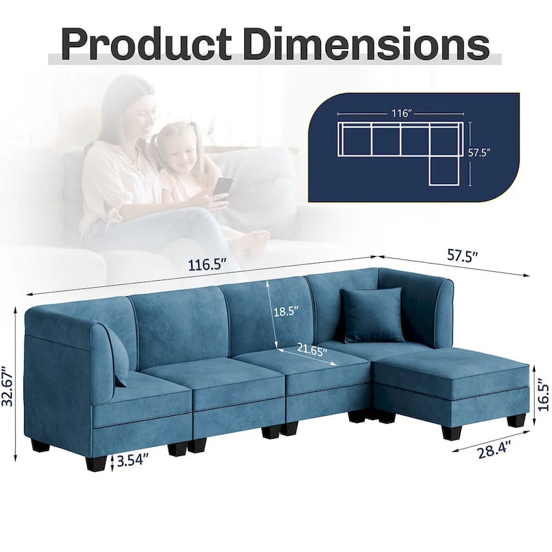Futzca Sectional Couch Modular Sofa, 116 Velvet L-Shaped Couch Sofa