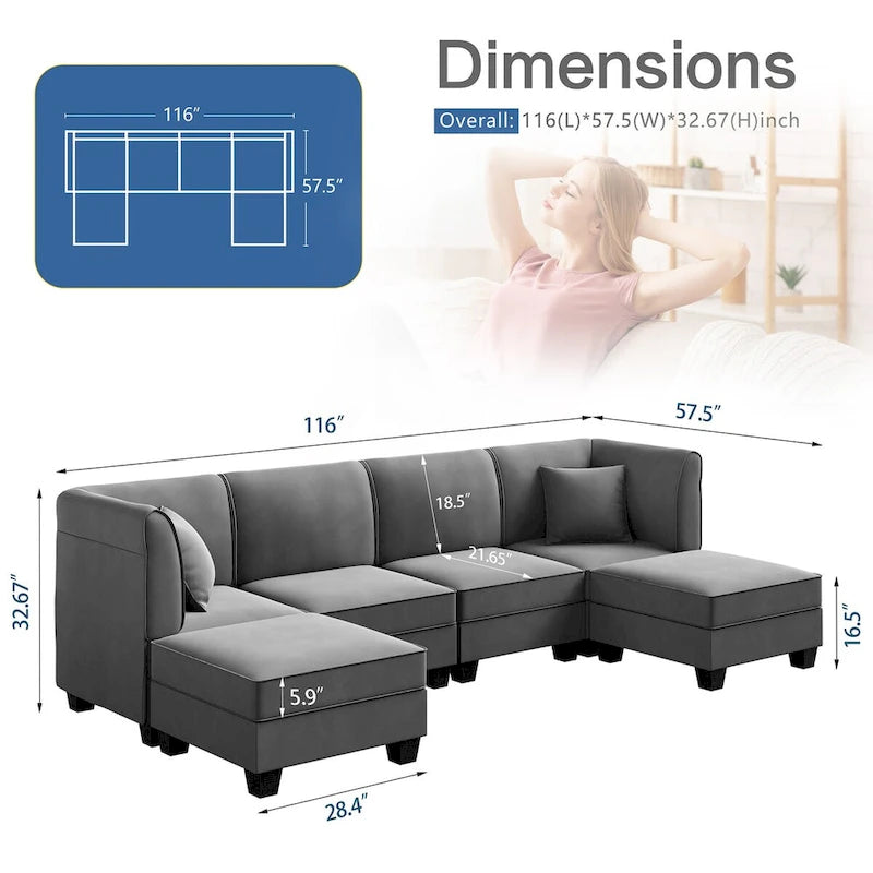 Futzca Sectional Couch Modular Sofa, 116 Velvet L-Shaped Couch Sofa