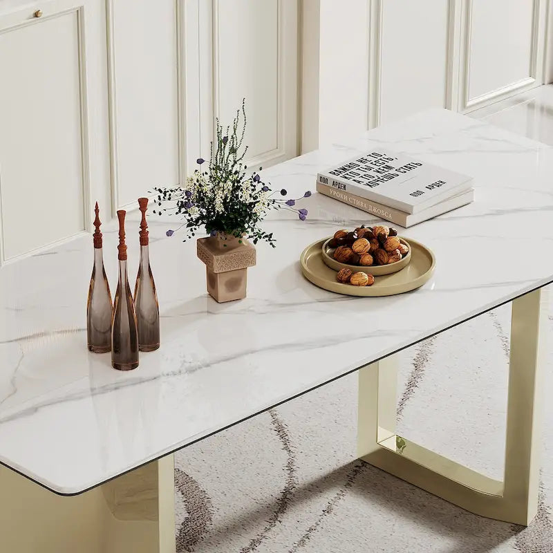 0.47 Thick Sintered Stone Composite Tempered Glass Top Rectangular Dining Table with Stainless Steel Base