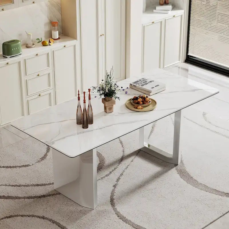 0.47 Thick Sintered Stone Composite Tempered Glass Top Rectangular Dining Table with Stainless Steel Base