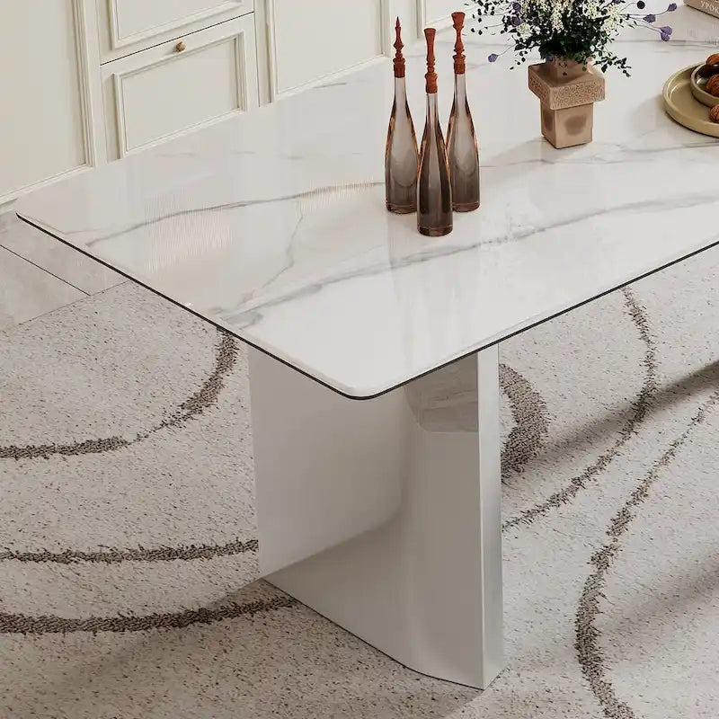 0.47 Thick Sintered Stone Composite Tempered Glass Top Rectangular Dining Table with Stainless Steel Base
