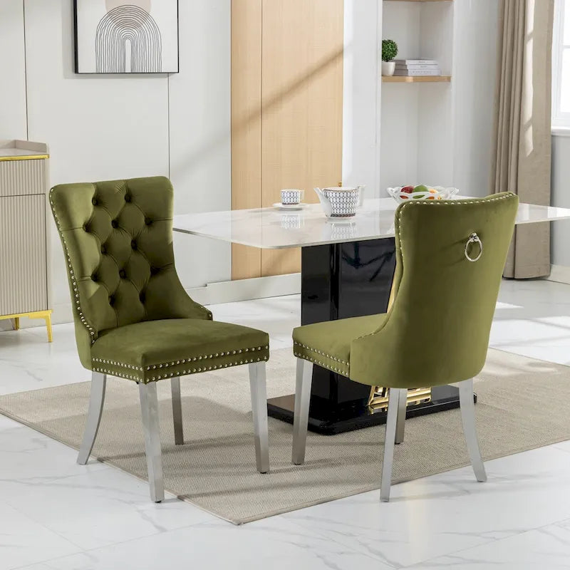 Set of 2 Velvet Dining Chairs with Nailhead Trim and Chrome-Plated Stainless Steel Legs