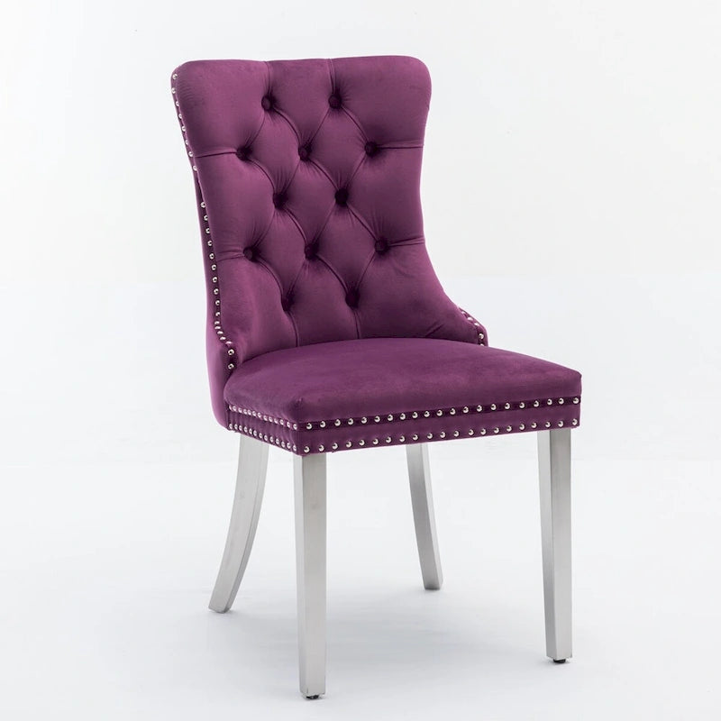 Set of 2 Velvet Dining Chairs with Nailhead Trim and Chrome-Plated Stainless Steel Legs