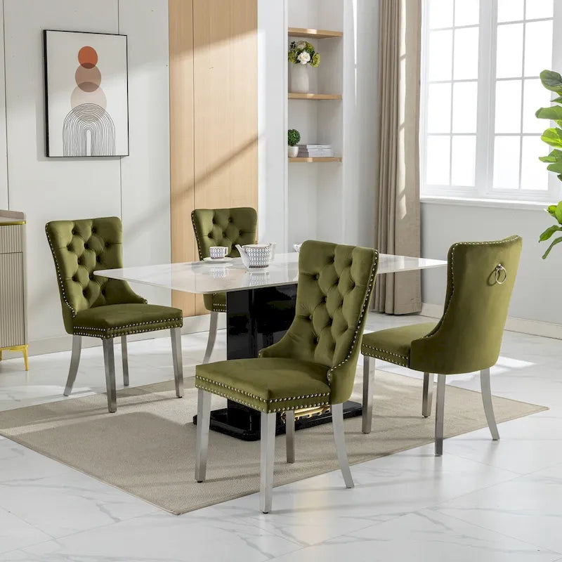 Set of 2 Velvet Dining Chairs with Nailhead Trim and Chrome-Plated Stainless Steel Legs