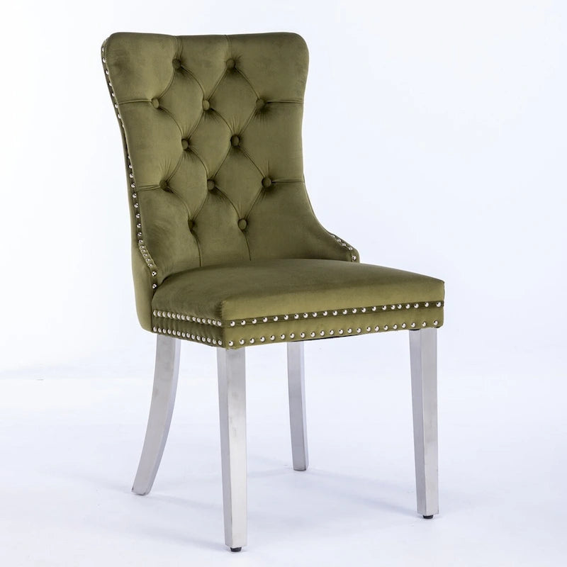 Set of 2 Velvet Dining Chairs with Nailhead Trim and Chrome-Plated Stainless Steel Legs