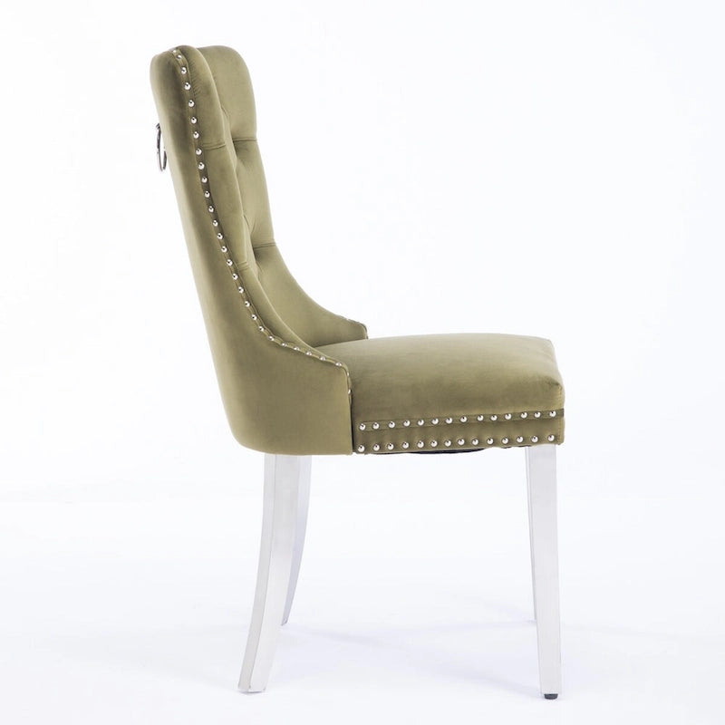 Set of 2 Velvet Dining Chairs with Nailhead Trim and Chrome-Plated Stainless Steel Legs