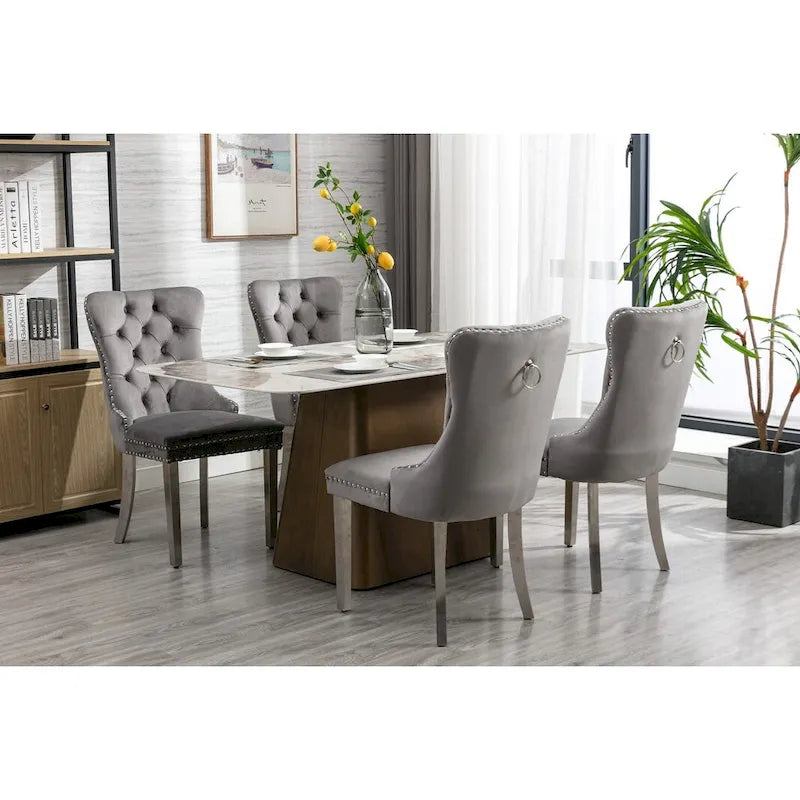 Set of 2 Velvet Dining Chairs with Nailhead Trim and Chrome-Plated Stainless Steel Legs