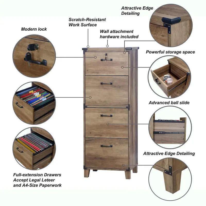 Oxford Farmhouse Rustic Oak 4-Drawer Lateral File