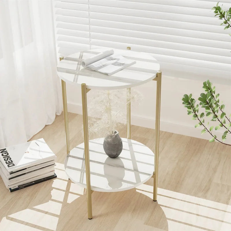 2-Tier Marble Table Round Coffee End Side Table with Storage Shelf