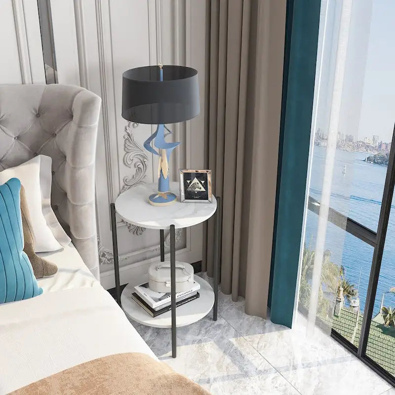 2-Tier Marble Table Round Coffee End Side Table with Storage Shelf