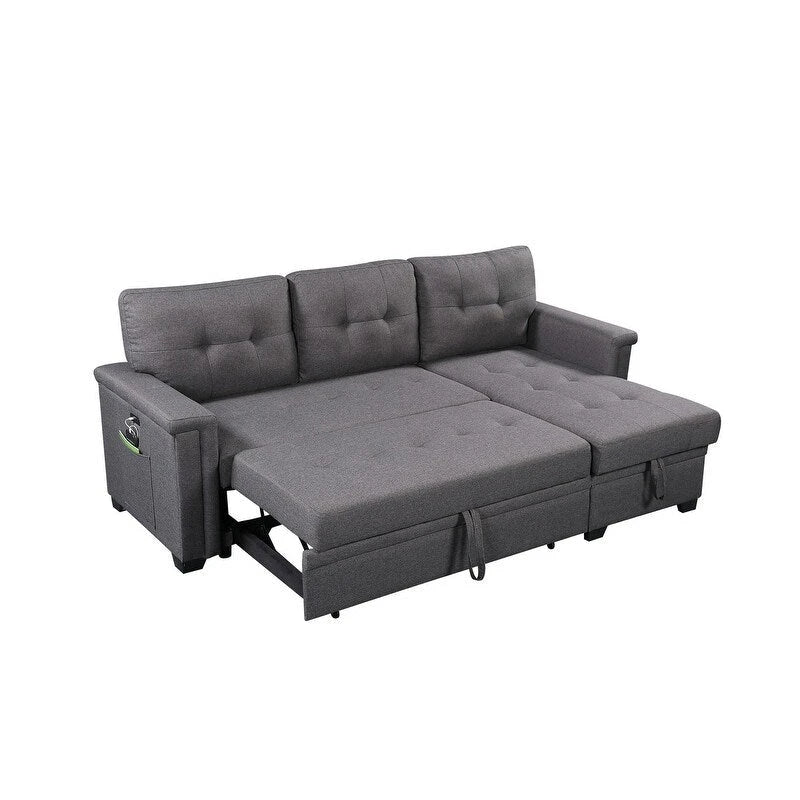 Ashlyn 84-inch Dark Gray Reversible Sleeper Sectional Sofa with Storage Chaise and USB Charging Ports - 84W x 54D x 35H