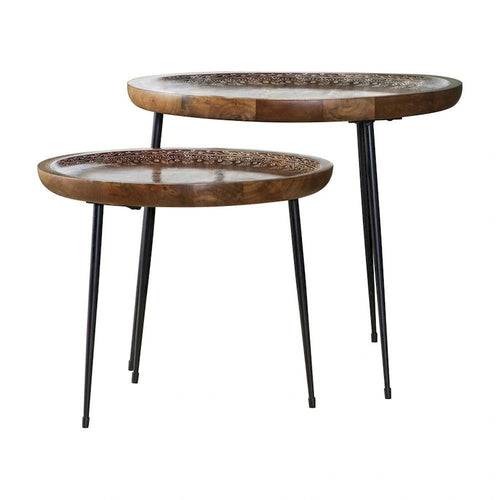 2 Piece Round Nesting Tray Top Table Set, Carved Edges, Motif Design, Brown