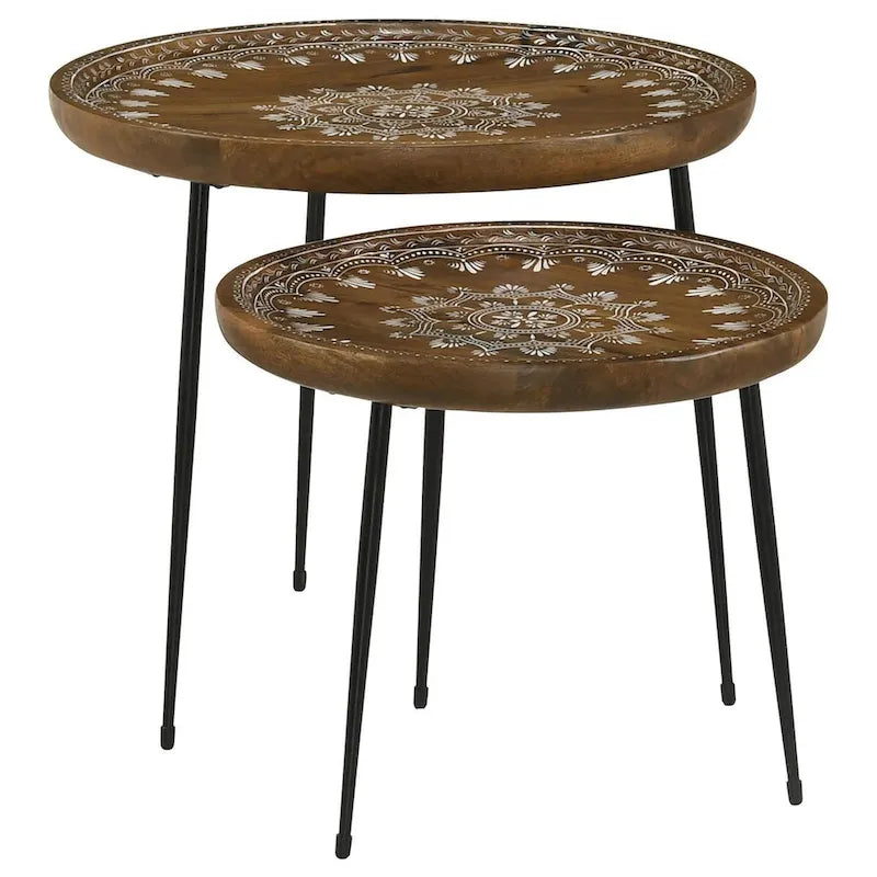 2 Piece Round Nesting Tray Top Table Set, Carved Edges, Motif Design, Brown