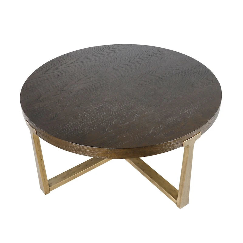 36 inch Rustic Round Wood Coffee Table Hammered Cross Legs Gold Finish Metal for Living Room - D36 X H16