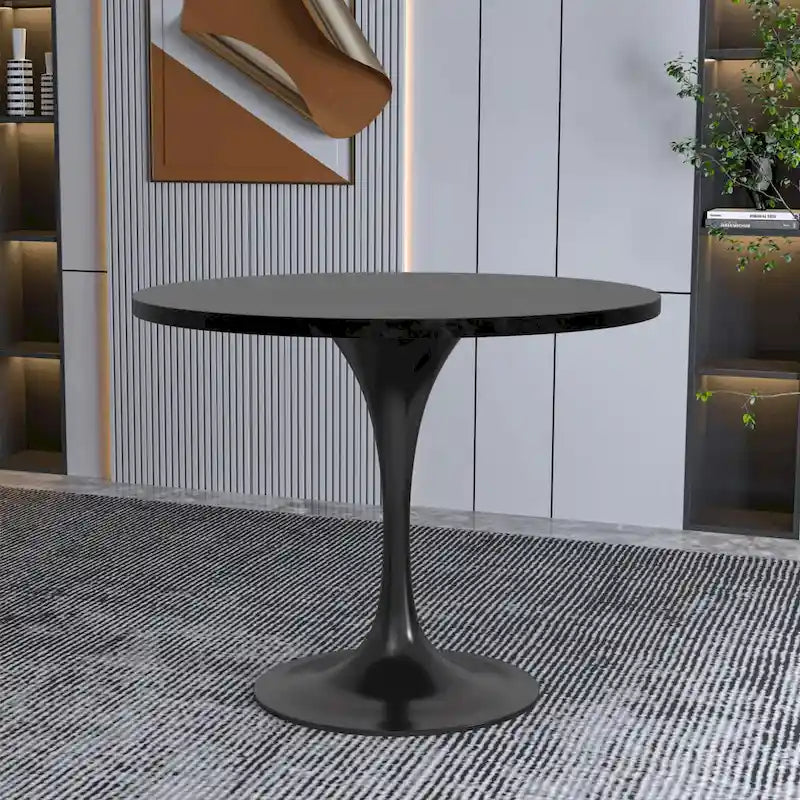 LeisureMod Verve 36 Round Dining Table with MDF Wood TableTop and Black Steel Base for Kitchen & Dining Room