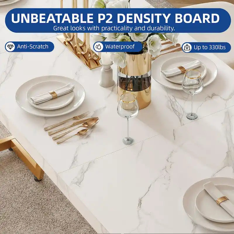 Moasis 82 Large Dining Table for 6-8 People with Faux Marble Tabletop and Metal Legs