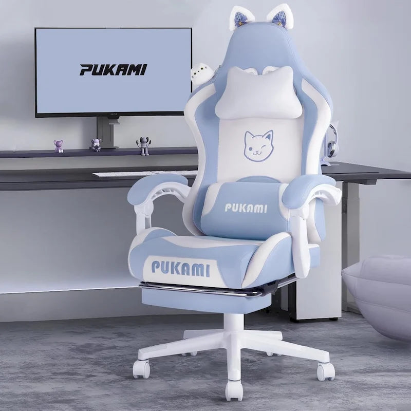BOSSIN Gaming Chair with Cat Ears and Cat Paw Cushion Pillow,Cute Kawaii Reclining Computer Chair for Girl with Footrest