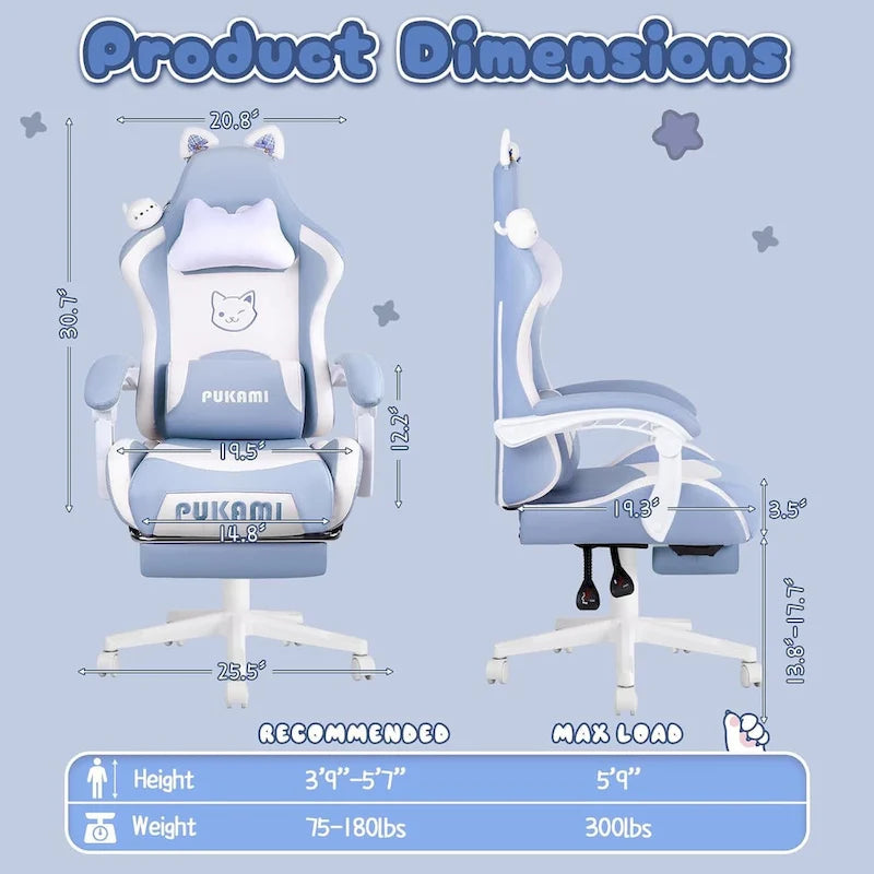 BOSSIN Gaming Chair with Cat Ears and Cat Paw Cushion Pillow,Cute Kawaii Reclining Computer Chair for Girl with Footrest