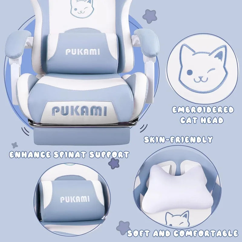 BOSSIN Gaming Chair with Cat Ears and Cat Paw Cushion Pillow,Cute Kawaii Reclining Computer Chair for Girl with Footrest