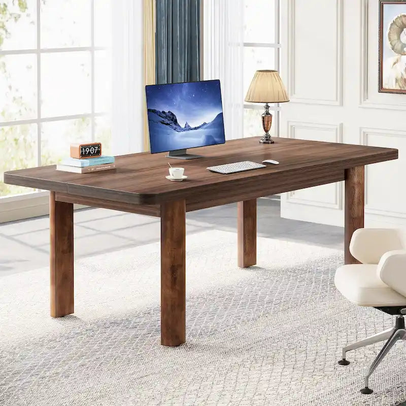 63 Large Office Computer Desk, Executive Desk with Solid Wood Legs