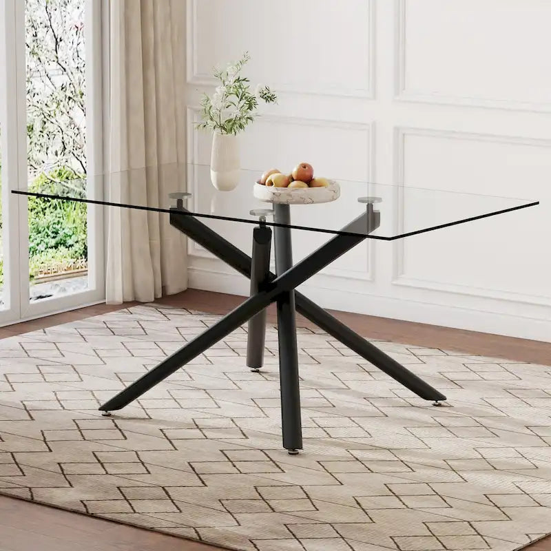 Large Modern Minimalist Rectangular Glass Dining Table for 6-8 with 0.39 Tempered Glass Tabletop and Black color Metal Legs