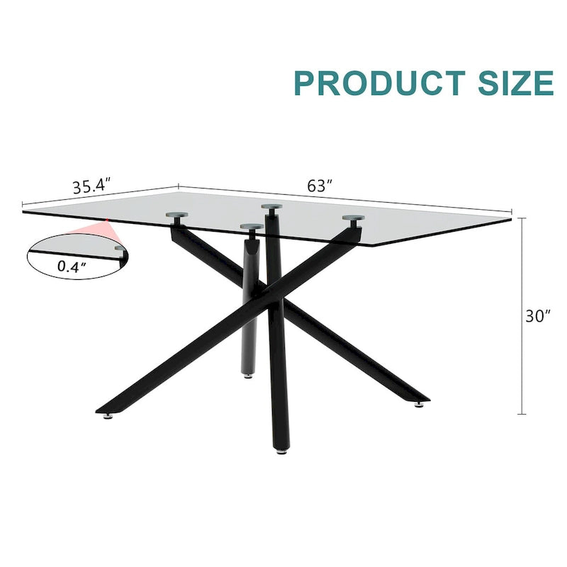 Large Modern Minimalist Rectangular Glass Dining Table for 6-8 with 0.39 Tempered Glass Tabletop and Black color Metal Legs