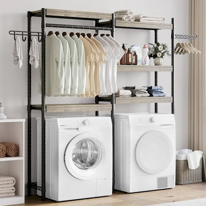 5 Tier Wood Over The Washer and Dryer Storage Shelf with Drying Clothes Racks Laundry Room Shelf Organization and Storage