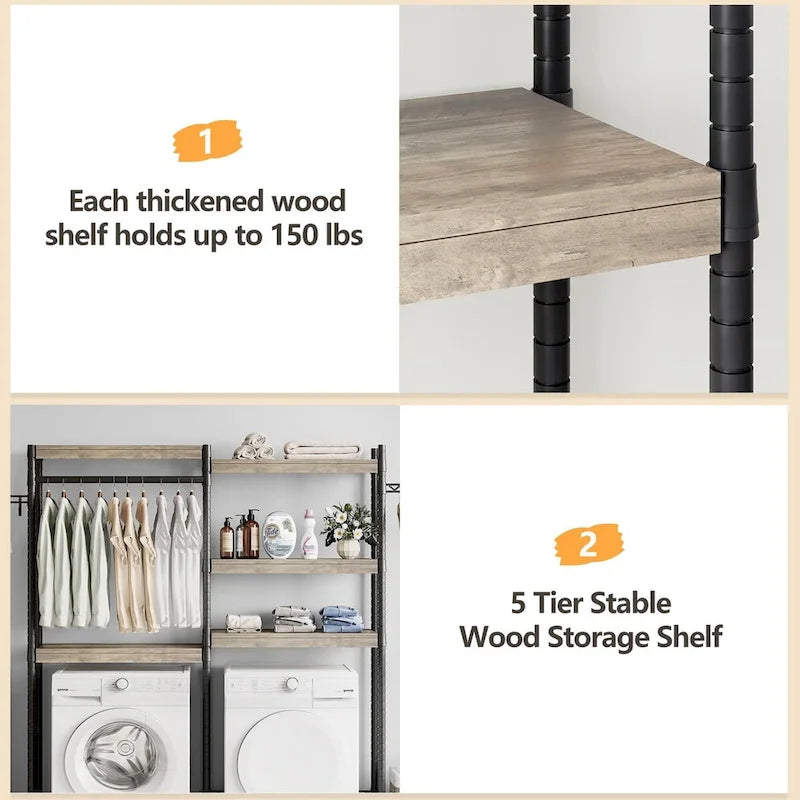 5 Tier Wood Over The Washer and Dryer Storage Shelf with Drying Clothes Racks Laundry Room Shelf Organization and Storage