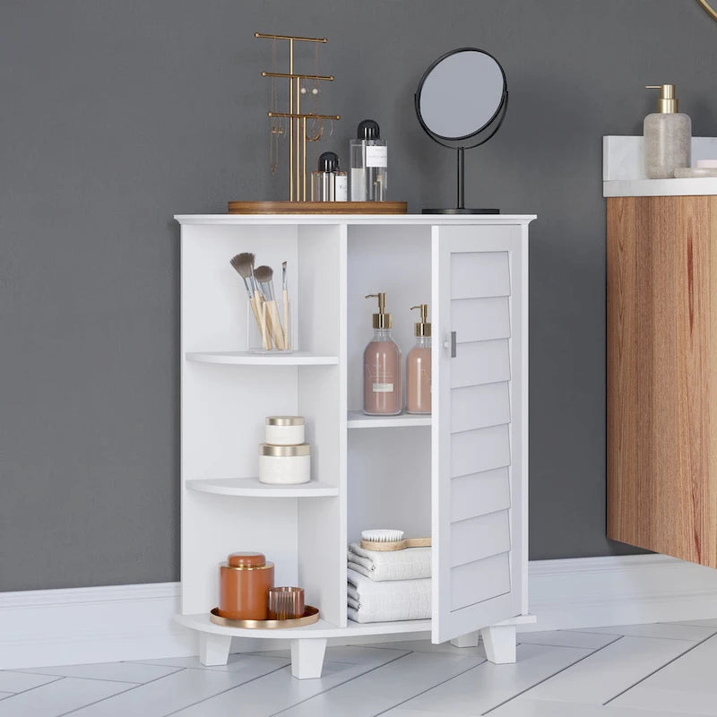 RiverRidge Brookfield Single Door Floor Bathroom Laundry Storage Cabinet Organizer; Adjustable and Fixed Shelves - White