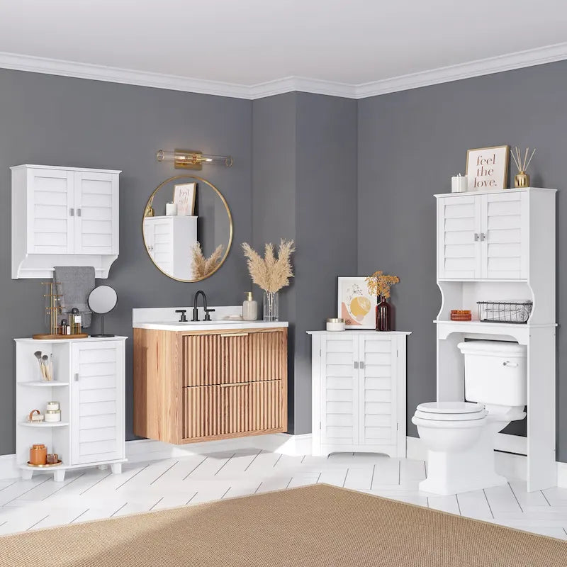 RiverRidge Brookfield Single Door Floor Bathroom Laundry Storage Cabinet Organizer; Adjustable and Fixed Shelves - White