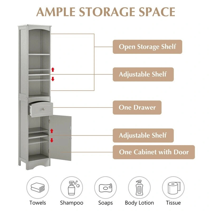 67 Tall Bathroom Organizers and Cabinet, Freestanding Storage Cabinet with Drawer, Door and Adjustable Shelves