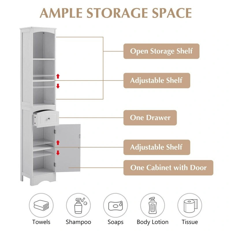 67 Tall Bathroom Organizers and Cabinet, Freestanding Storage Cabinet with Drawer, Door and Adjustable Shelves