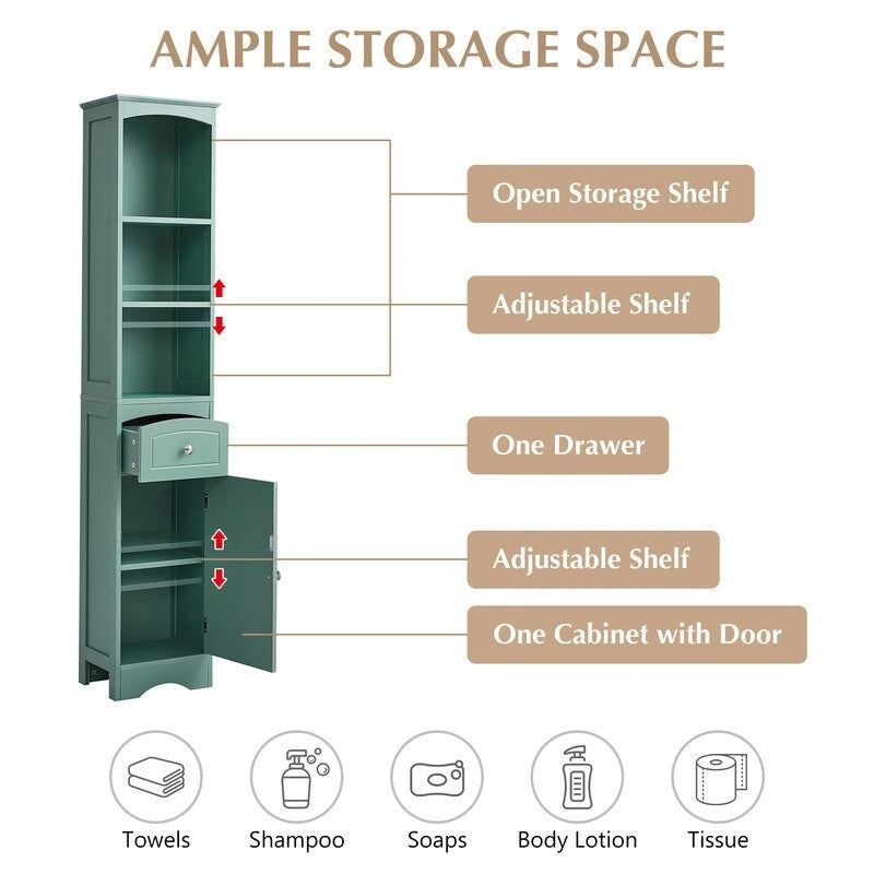 67 Tall Bathroom Organizers and Cabinet, Freestanding Storage Cabinet with Drawer, Door and Adjustable Shelves