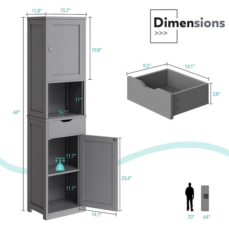 Futzca Tall Bathroom Storage Cabine, 64H Freestanding Narrow Storage Pantry Cabinet