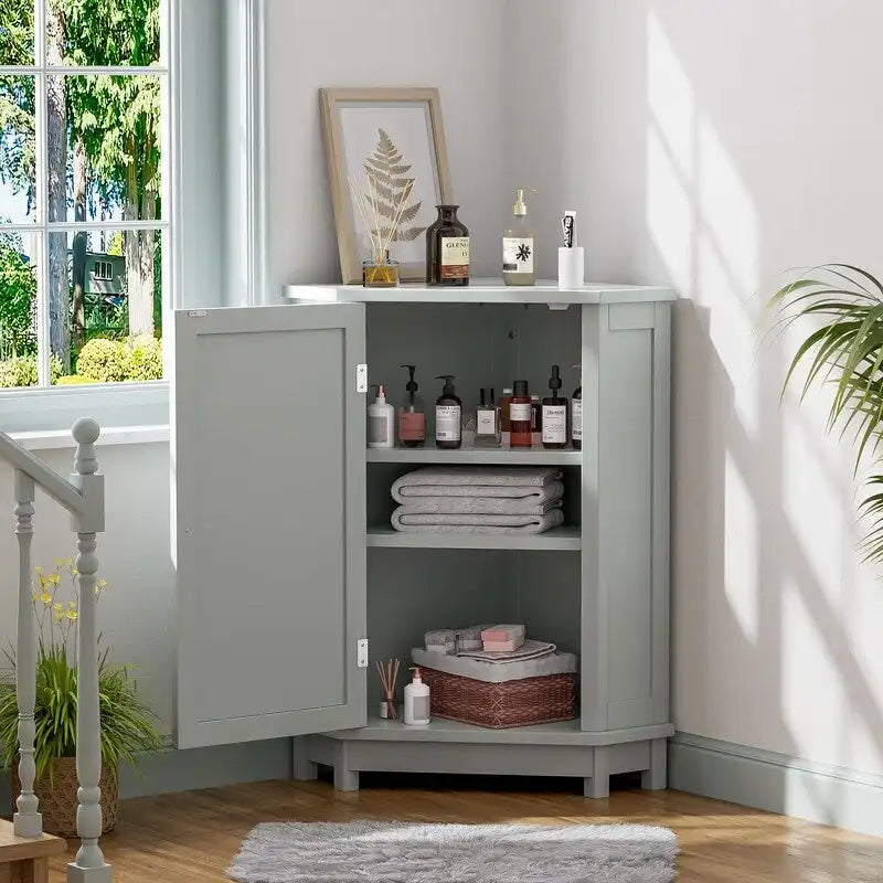 Grondin Modern Style Wooden Triangle Corner Accent Storage Cabinet with Interior Adjustable Shelves for Living Room Bathroom