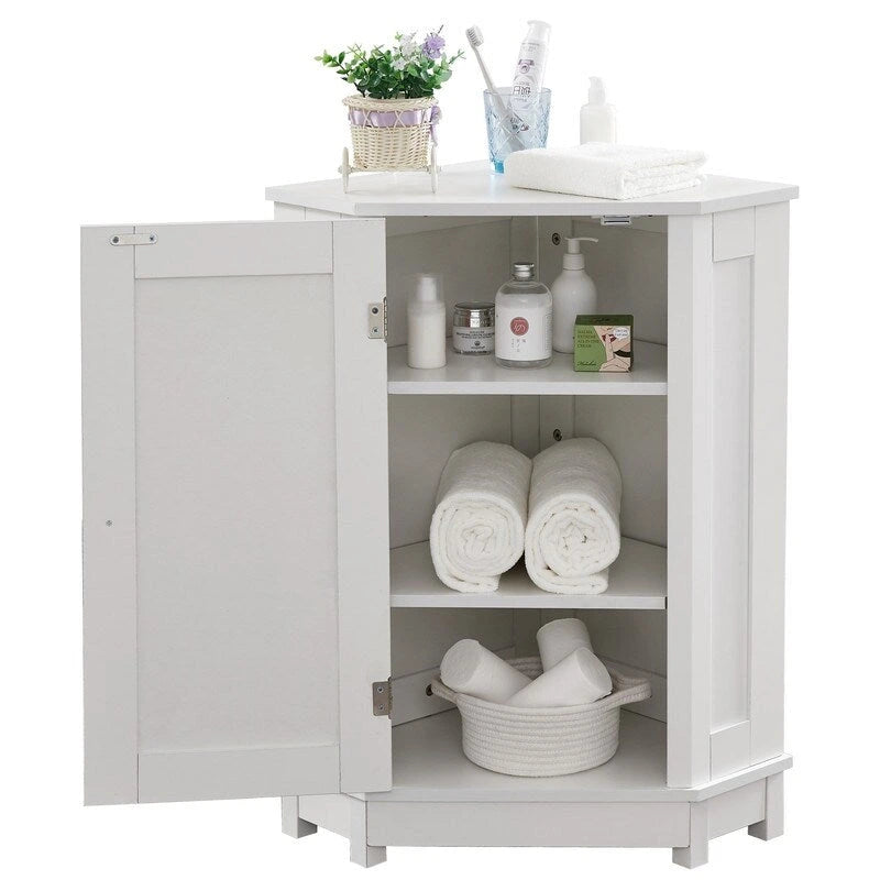 Grondin Modern Style Wooden Triangle Corner Accent Storage Cabinet with Interior Adjustable Shelves for Living Room Bathroom