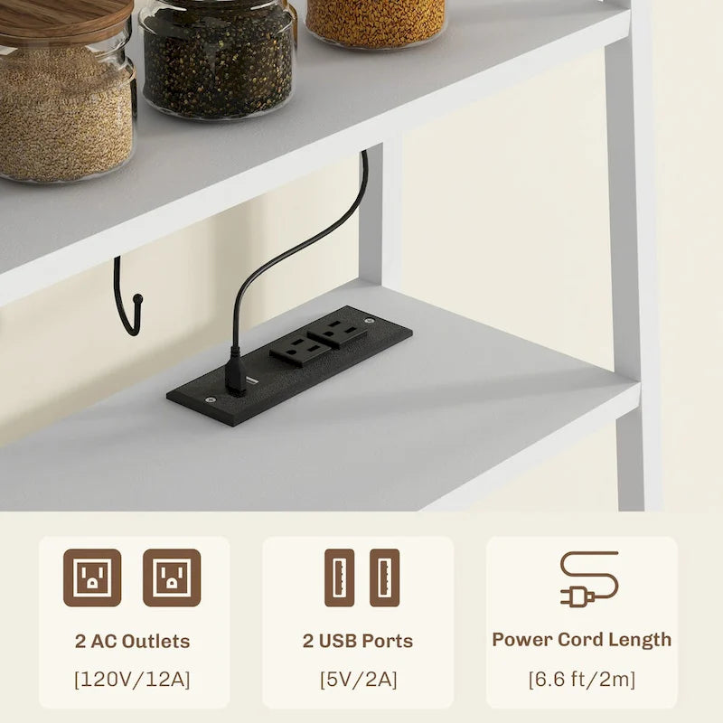 HOMCOM Baker's Rack with Power Outlet and LED Lights, Coffee Bar with Storage Shelves, Industrial Microwave Stand