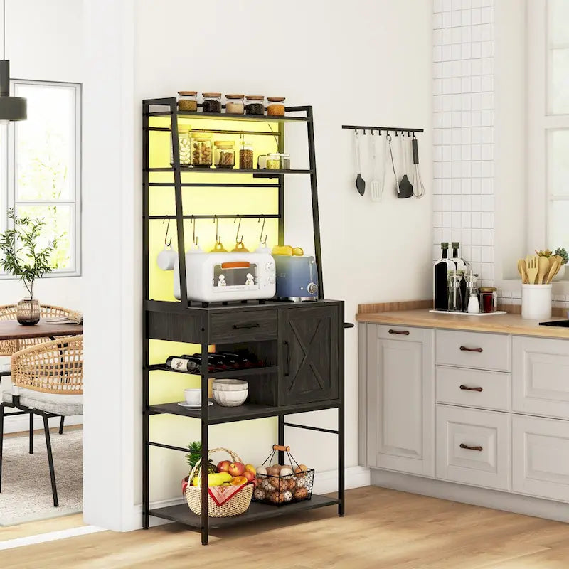 HOMCOM Baker's Rack with Power Outlet and LED Lights, Coffee Bar with Storage Shelves, Industrial Microwave Stand